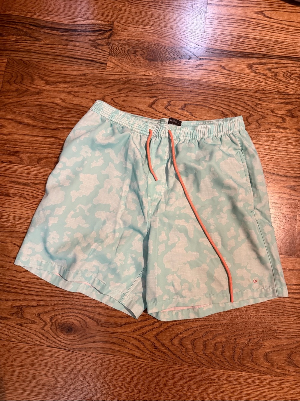 Huk Mint Pattern Swim Trunks with Coral Drawstring
